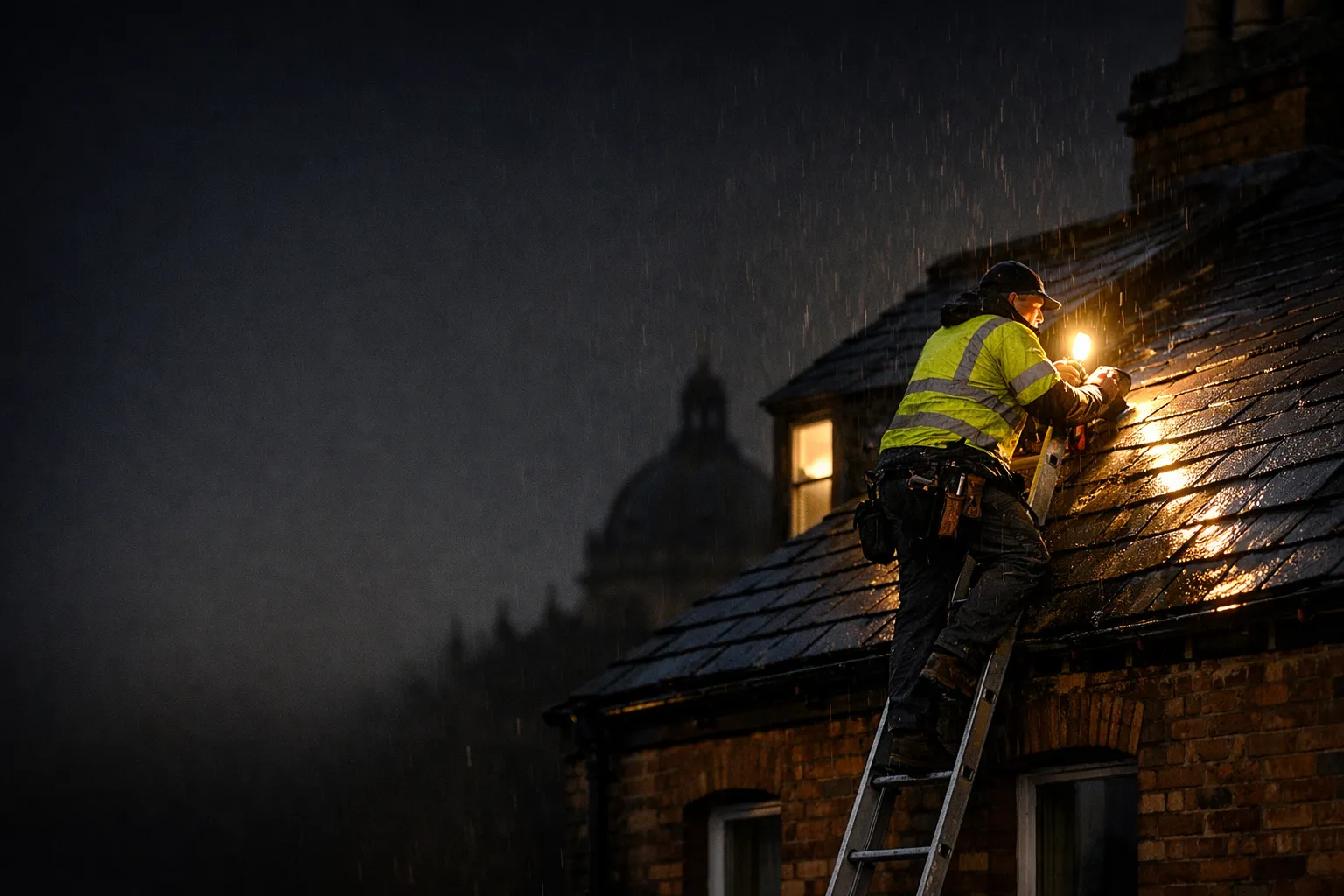 Roofer repairing a slate roof at night in the rain in Oxford