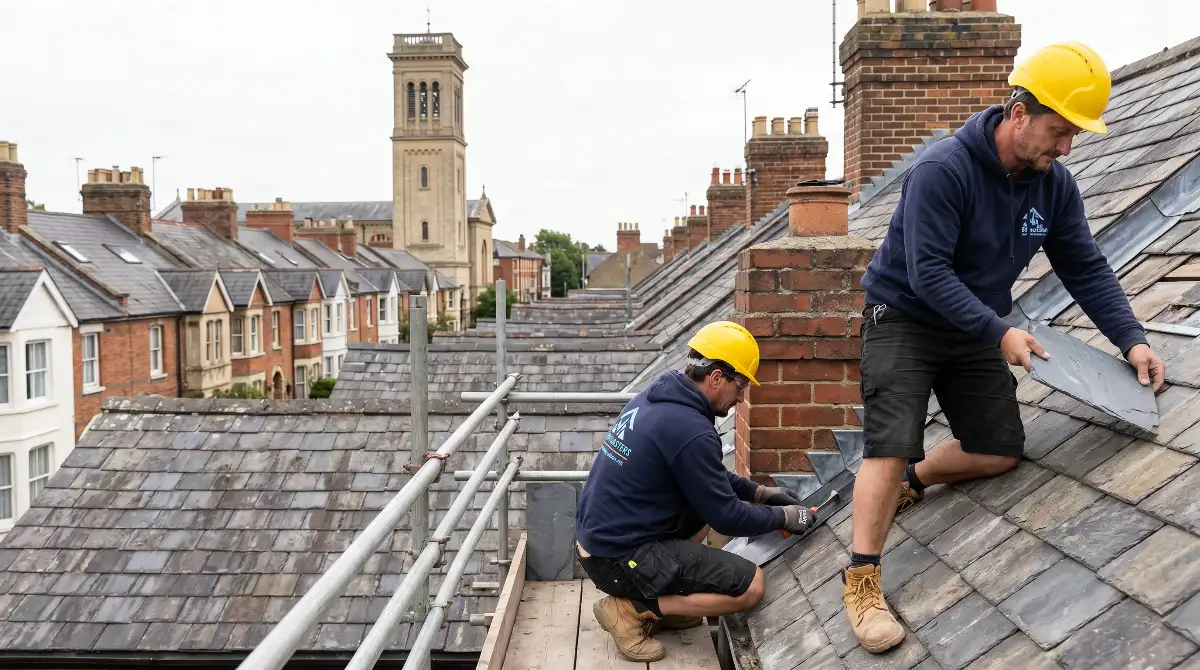Rooftops of Oxford homes bordering Port Meadow