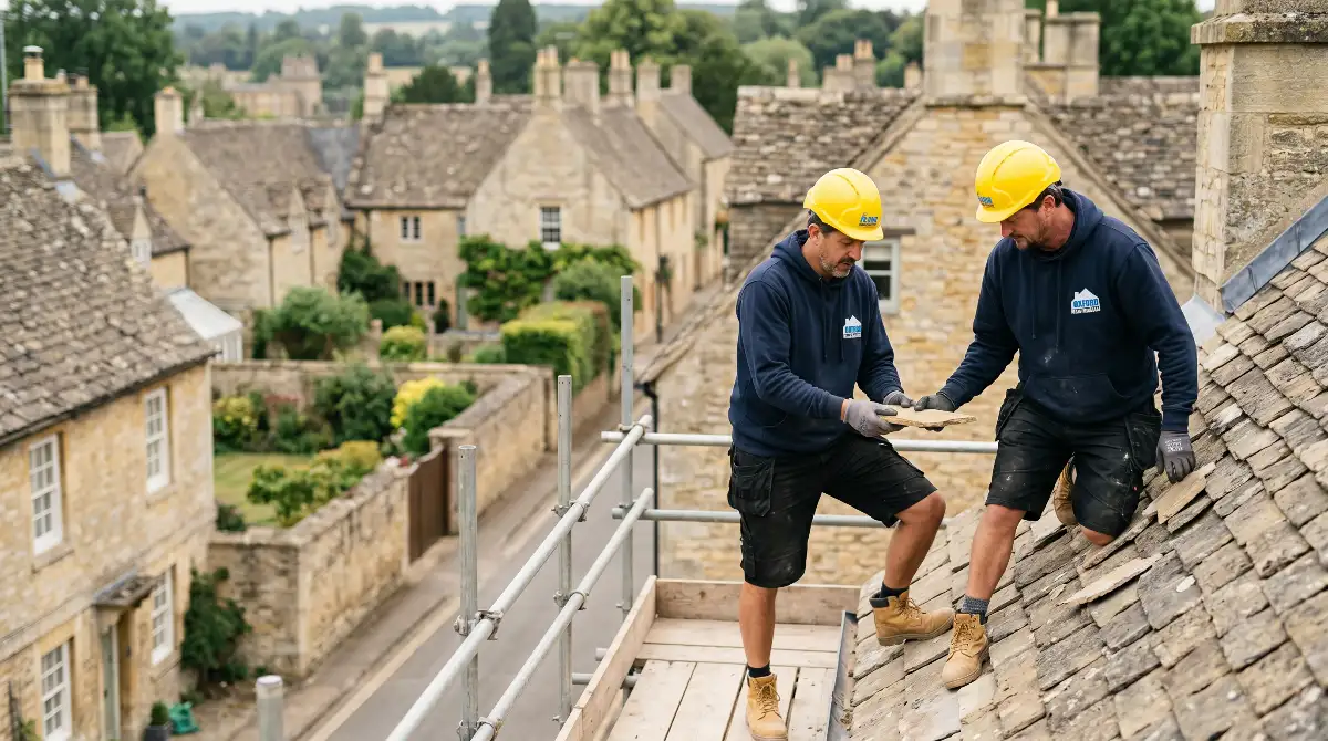 Cotswold stone-slate roofs in Woodstock, Oxfordshire
