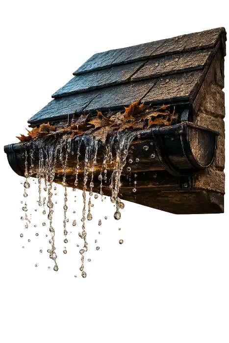 Blocked guttering beside a tiled roof