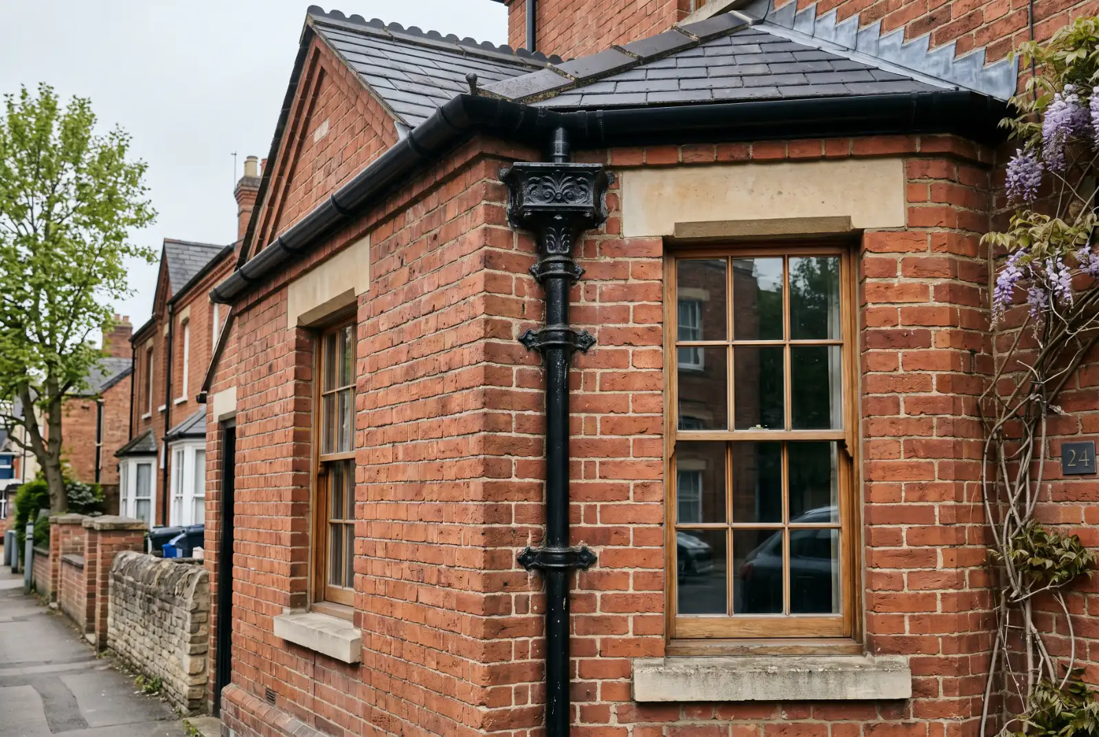Cast iron guttering on Victorian house frontage in Oxford