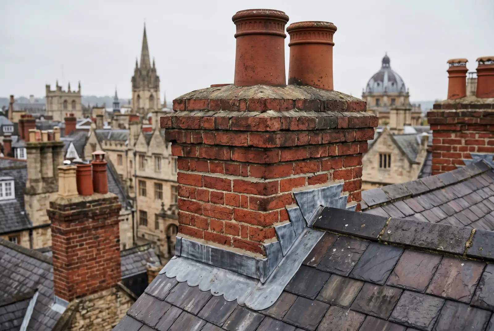 Lead flashing detail around chimney on tiled roof in Oxford