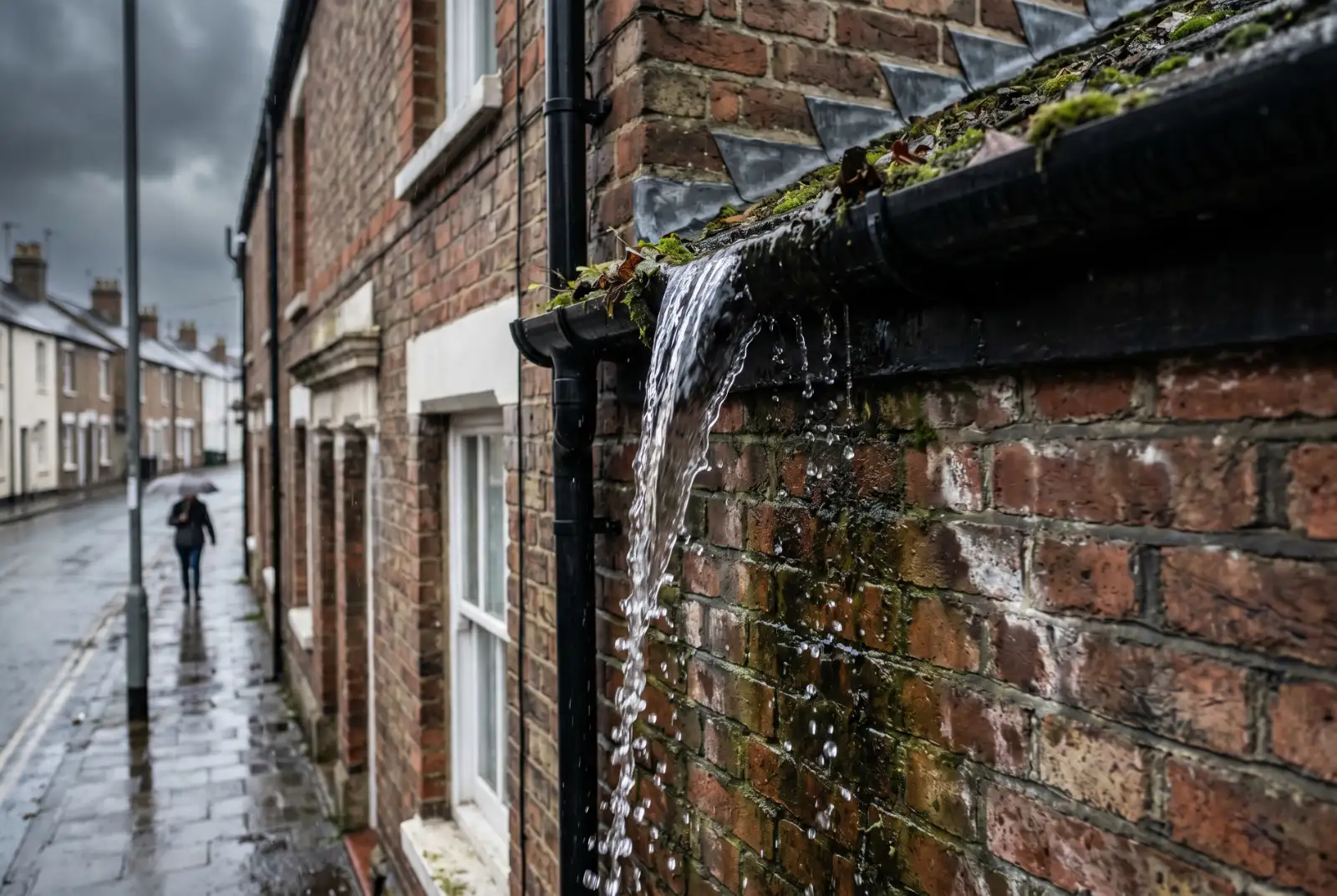 Overflowing house gutter during rain in Oxford