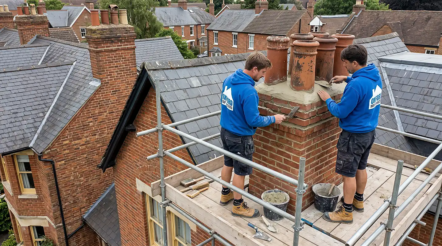 Chimney repair work on a tiled roof in Oxford