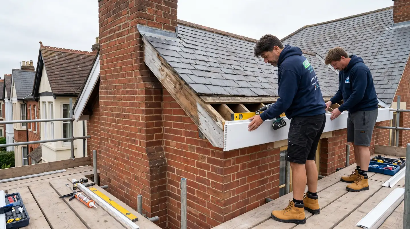 Roofer repairing gutters and fascias on an Oxford home