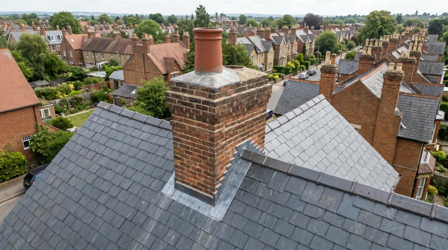 Oxford chimney showing pot, flaunching, brickwork and lead flashing
